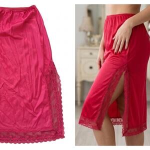 Vintage Fortune Red Lace Trim Side Slit Half Slip Skirt Made in USA Small